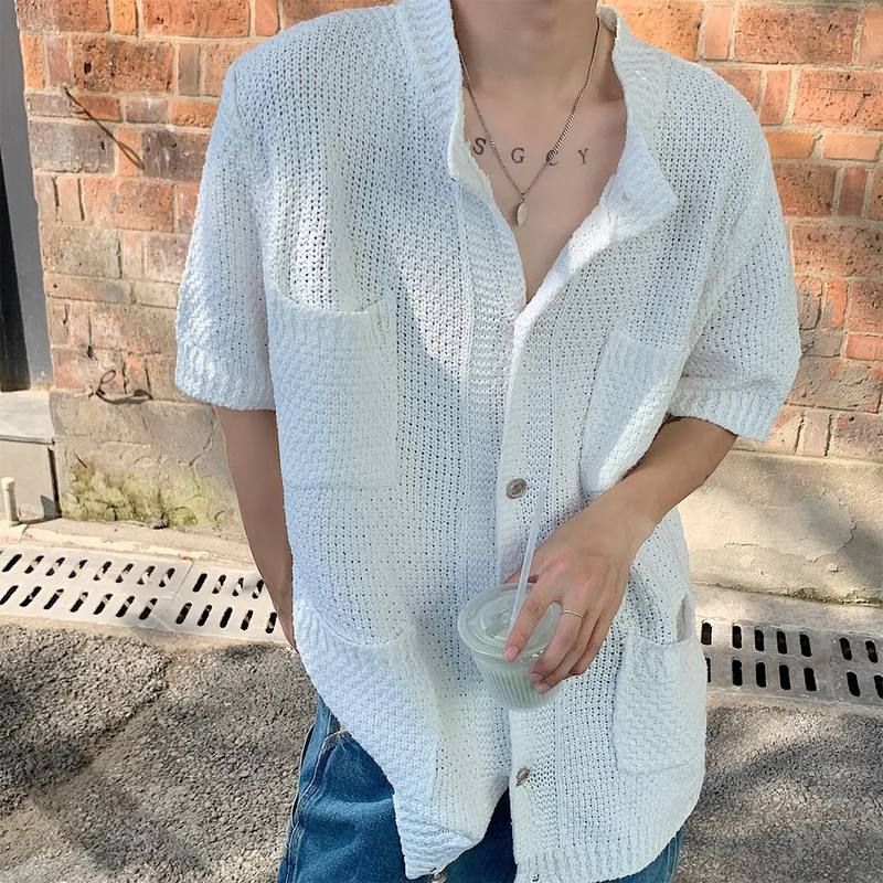 外套痞帅开衫衬衫夏季针织衬衣复古高级感雅痞短袖男休闲白色港风