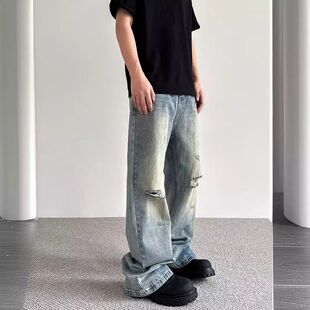 子潮男色黄泥喇leanfit高街夏季微直筒裤复古破洞牛仔裤c美式薄款