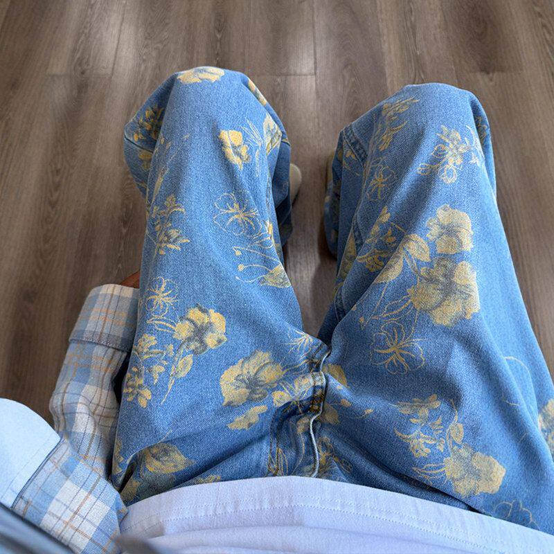 花卉花牛仔裤男款休闲秋季高级感宽松长裤提复古直筒痞帅美式裤子