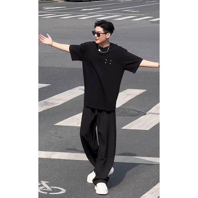 短袖潮牌高克纯棉美式男黑色七分袖小夏季重磅领口设计感刺绣t恤