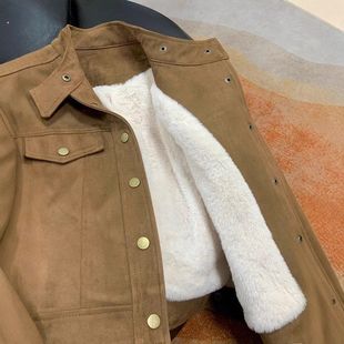 短款新款男女绒加厚小个子加绒鹿皮秋冬季休闲绒工装外套麂皮夹克