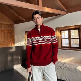 针织衫毛衣男款费尔岛提花本命年外套衣服冬季拉链半马年红色情侣