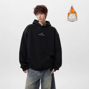 加绒字母新款重磅卫衣外套美式帽衫加厚保暖连帽男生秋冬刺绣潮牌