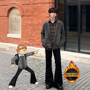 直筒加绒微西装裤喇叭男生c裤子显瘦冬季黑色西裤垂感le弯刀anfit