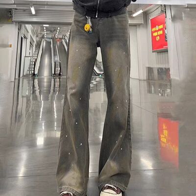 男款显腿长微喇裤烟灰色高个子