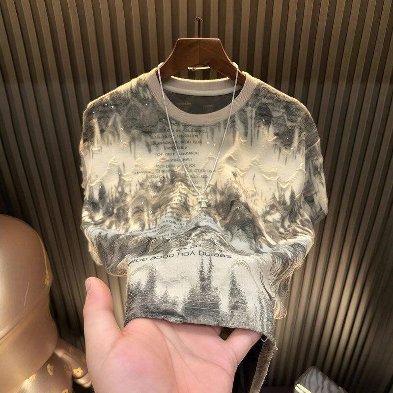 暗花夏季高级感圆领重工百搭半袖T恤扎染T恤新款男士短袖上衣潮流