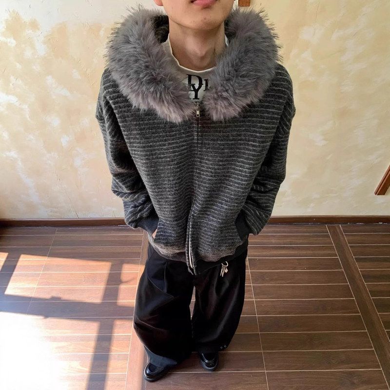 连帽冬季夹克le条纹复古男毛领