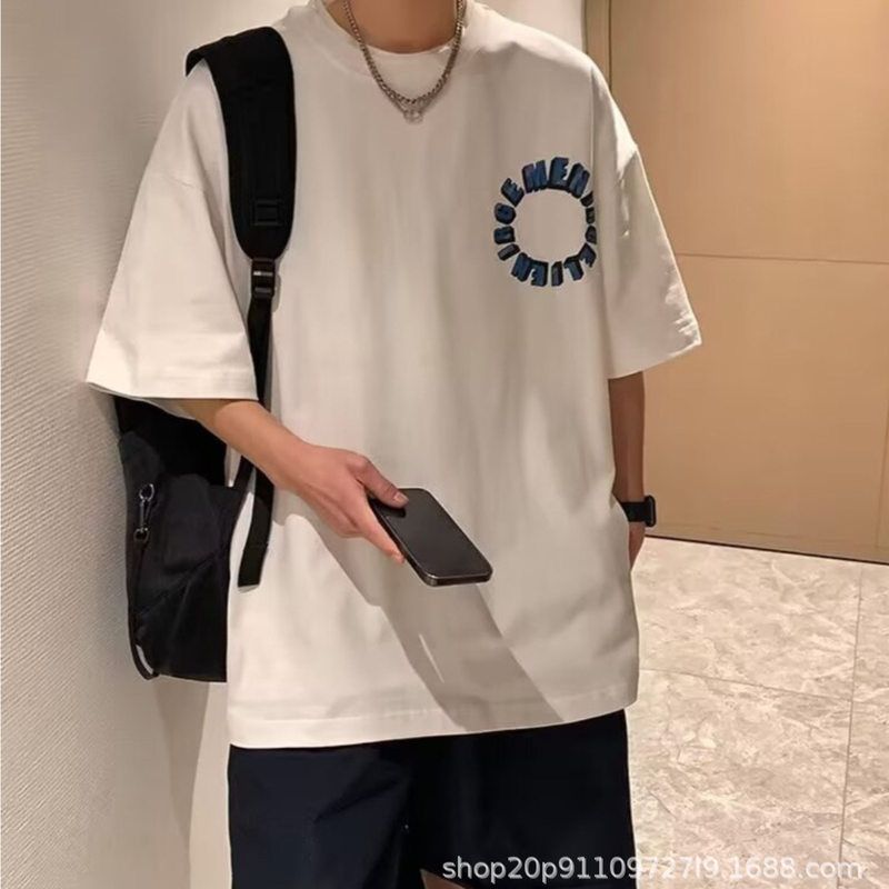 男韩版t恤青少年休闲五分袖大码短袖打底学生圆领夏季2025男宽松