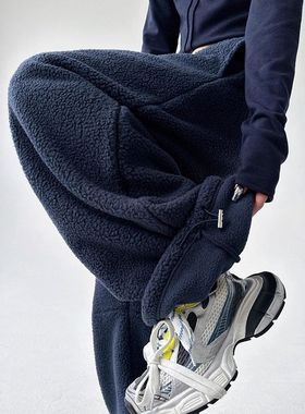 东北摇粒绒卫裤蓝色男女宽松棉裤超厚秋冬羊羔绒外穿保暖裤子直筒