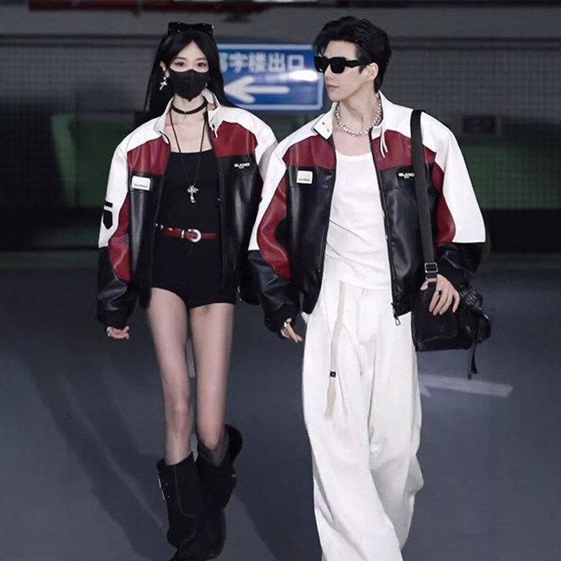 美式春秋痞帅男红色衣服外套皮衣拼接复古高级感情侣机车短款夹克