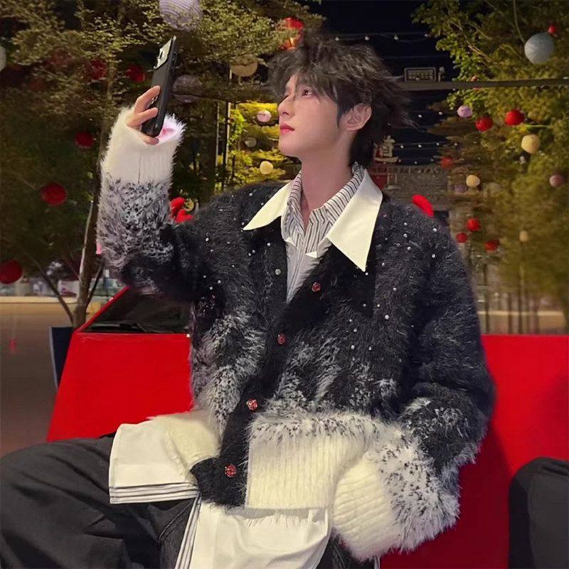 加厚秋冬季男款高级感毛衣针织衫开衫防貂毛氛围外套镶钻圣诞痞帅