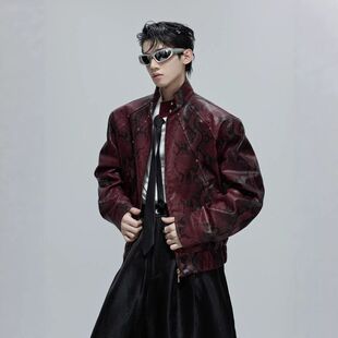男春季纹皮衣夹克炸街机车痞帅潮牌外套棒球蛇短款蟒hiphop服立领