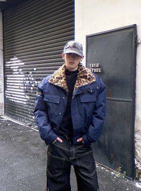 立领年保暖新款加厚男工装棉服豹纹蓝色美式毛领2025冬季复古外套