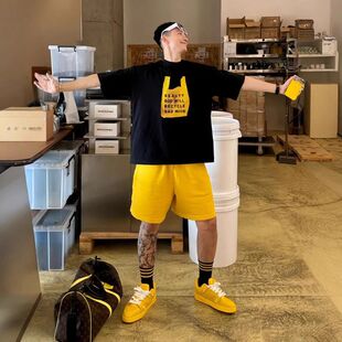 休闲百搭美式T恤纯棉写实塑料袋风格印花重磅宽松男女生上衣短袖