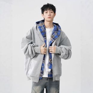 le美式卫衣格子c外套休闲男女连帽宽松假两件anfit夹克冬季重磅