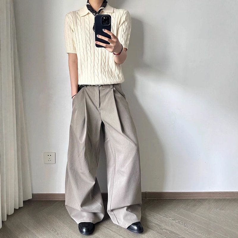 弯刀卡其色薄款穿通勤cle搭双折阔腿a字西裤anfit长裤夏男款裤子