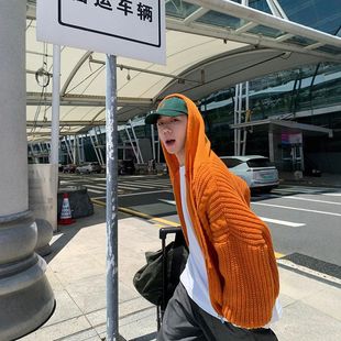 外套连帽橙色韩系风毛衣开衫感拉链休闲多巴胺慵懒松弛针织衫男款