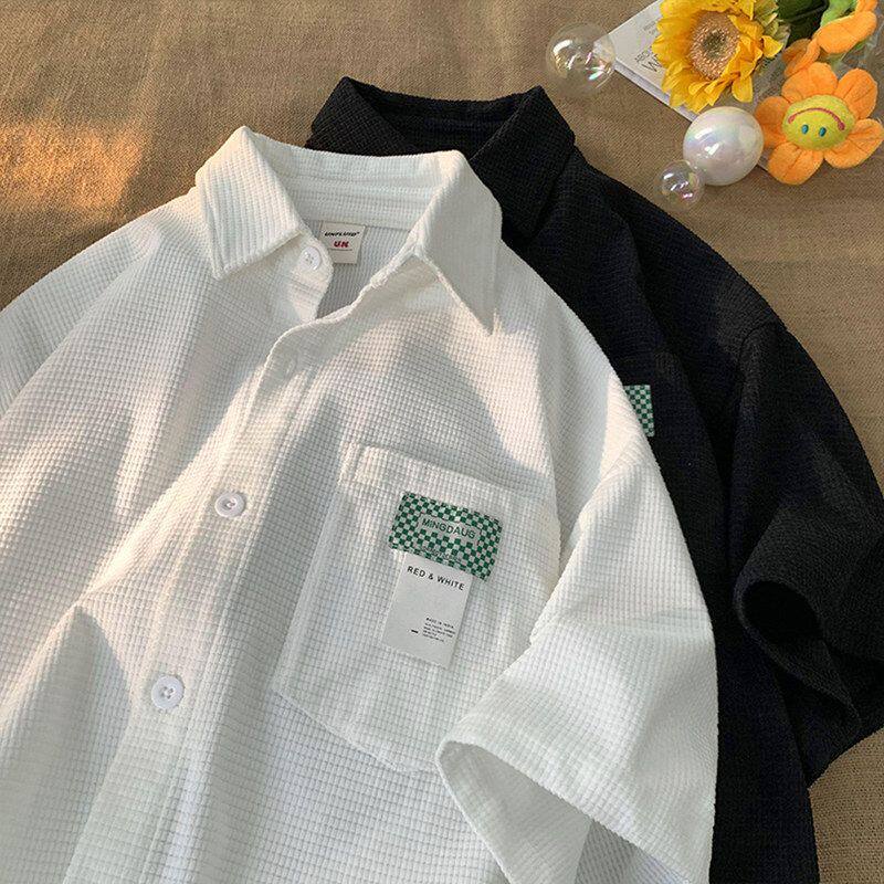衬衫ins潮华夫格夏季港味衬衣外套男短袖小众设计感盐系美式复古