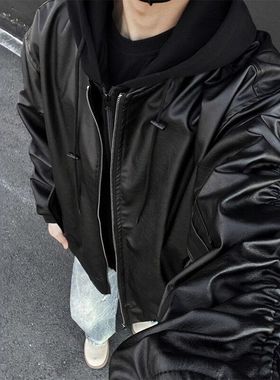 连帽夹克外套cle短款飞行皮衣服假两件棒球男款廓形美式anfit黑色