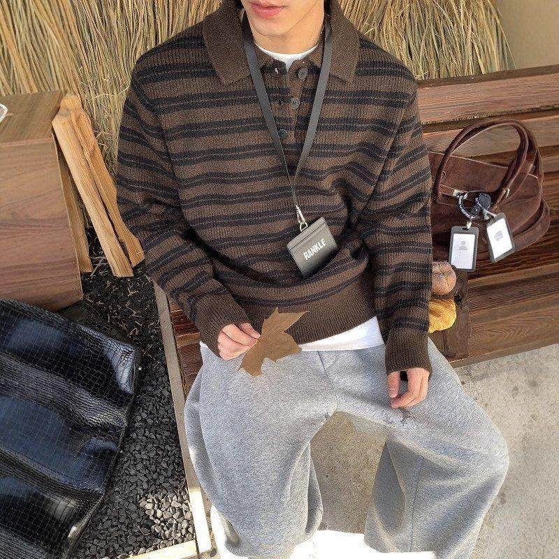 p男士内高级感秋冬慵懒条纹领针织衫线衣毛衣外套olo咖色搭美拉德