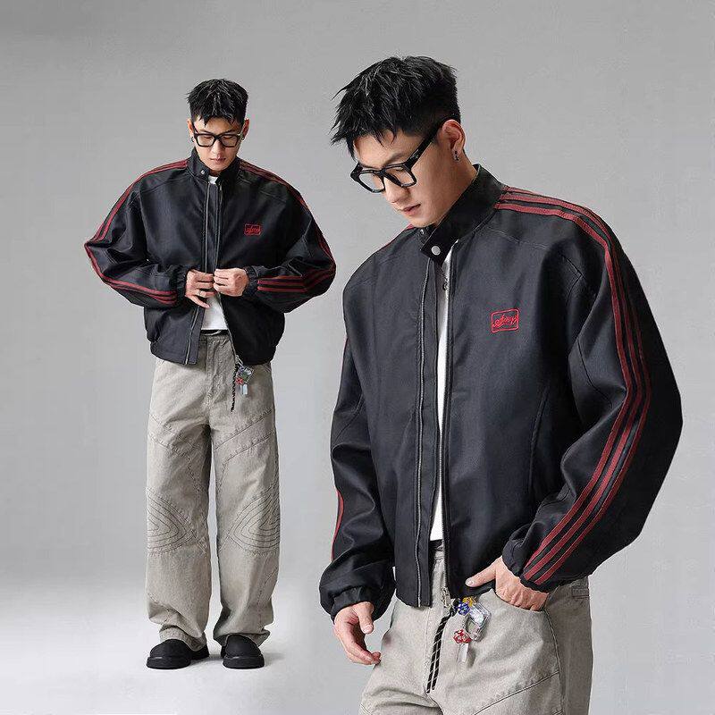 痞帅休闲黑色外套条纹短款美式潮牌春秋季皮衣机车夹克拼接男立领