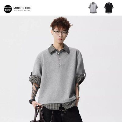 男p短袖c半袖t恤拼接美式翻领olo夏季anfit格正肩黑色假两件le衫