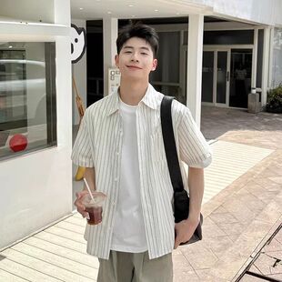 衬衣韩系夏季通勤男款半袖外套休闲短袖衬衫翻领学院风条纹高智感