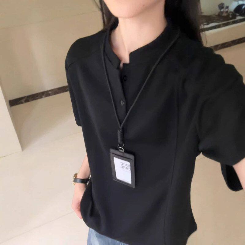 p高级感立领袖半截短袖衫正肩亨利领痞帅黑色olo美式男女t恤夏季