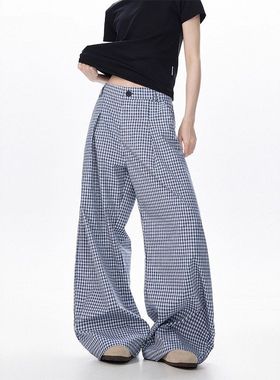 裤美式百搭休闲休闲裤秋季格子蓝色男女松弛感拖地宽松褶皱阔腿裤