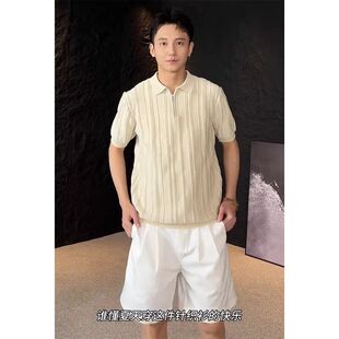 上衣衫老钱P风穿修身男款搭翻领OLO冰丝短袖针织衫夏季薄款条纹