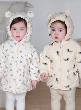 宝宝熊耳朵棉服外套夹棉加厚秋冬季棉袄儿童连帽外出服保暖棉衣ks