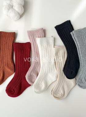 ins婴儿中筒袜纯色棉袜春秋冬宝宝针织袜子西班牙坑条长袜出口