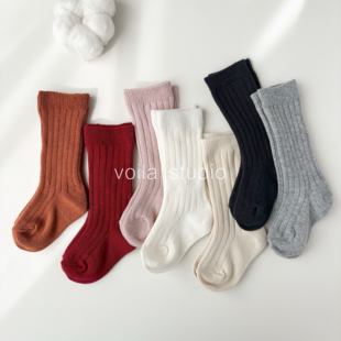 ins婴儿中筒袜纯色棉袜春秋冬宝宝针织袜子西班牙坑条长袜出口