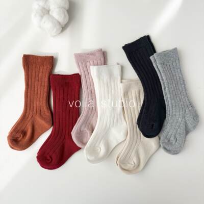 婴儿中筒袜西班牙坑条袜纯色棉袜