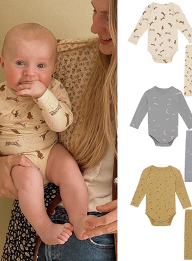 KS秋冬上新婴童纯棉宝宝爬服新生儿印花侧开长袖连体三角包屁衣