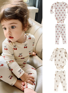 ins北欧风婴儿纯棉包屁衣a类男女宝宝长袖哈衣爬服两件套家居服