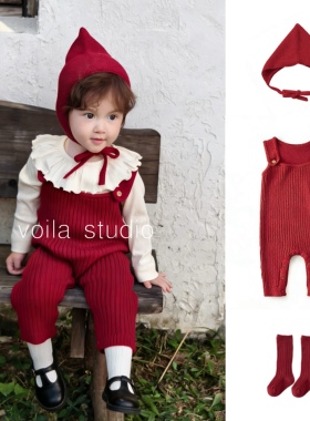 宝宝新年红色针织背带裤毛线裤秋冬圣诞连体爬服全棉婴儿外出服