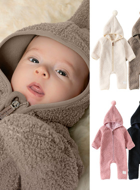 婴幼童连体衣摇粒绒衣服秋冬款男女宝宝保暖连帽爬服外穿服A类ins