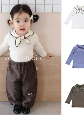宝宝领结长袖上衣匹马棉男女童T恤纯棉春秋打底衣全棉A类英伦MP风
