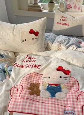 ins卡通猫咪贴布绣水洗棉床上四件套亲肤床单被套宿舍三件套可爱