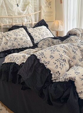 ins法式少女心泡芙纱花边水洗棉四件套简约被套宿舍床单笠三件套