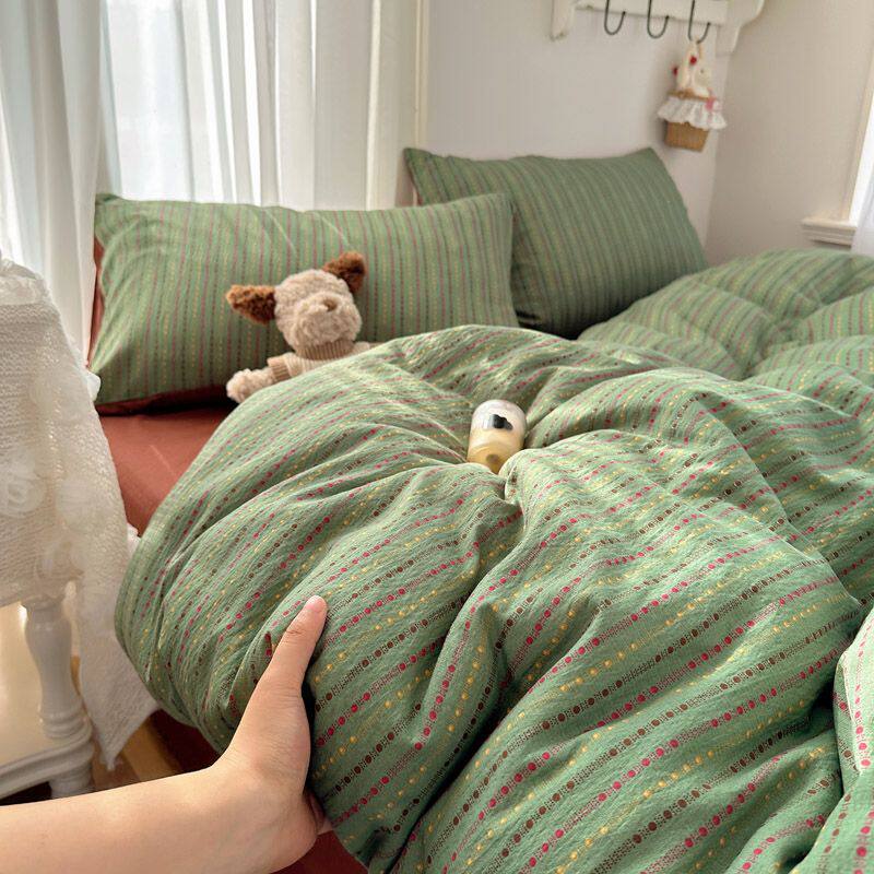 ins简约条纹云感双层纱四件套床单被套学生宿舍三件套韩式素色风