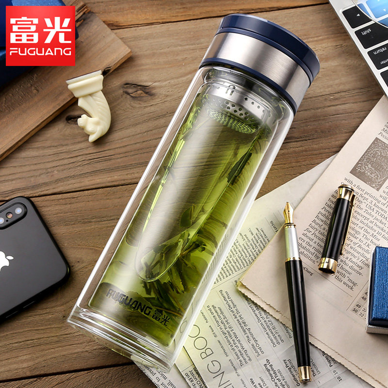 富光双层大容量玻璃杯便携男女商务家用带盖泡茶杯水杯子刻字定制