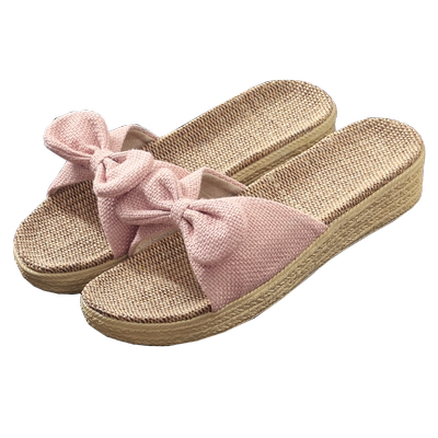 蝴蝶结坡跟女士亚麻拖鞋厚底高跟可外穿夏季室内家居家用凉拖鞋女