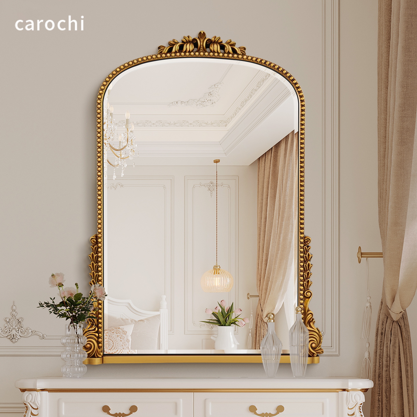 拱形法式装饰壁炉镜子轻奢高级主卧梳妆镜挂墙式大尺寸墙面化妆镜
