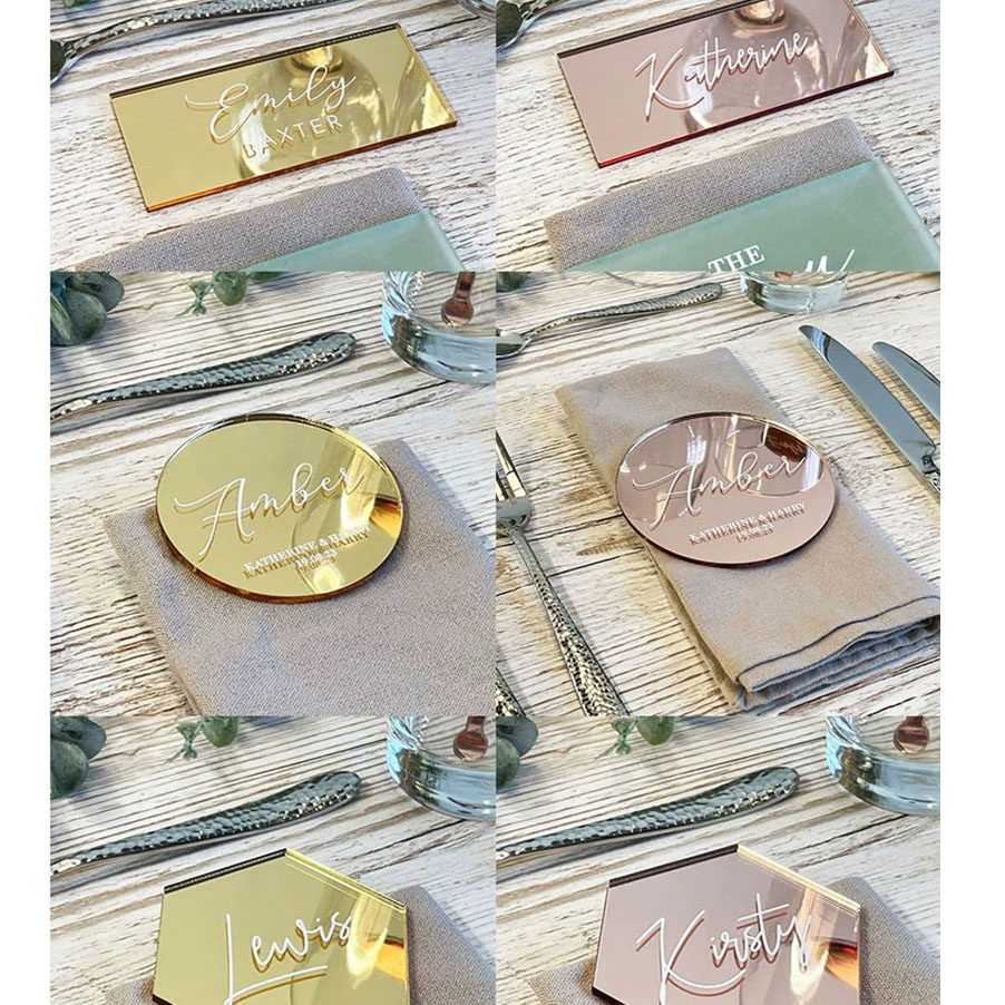 婚礼金色镜子六角形字圆形镜面名牌婚宴桌牌玫瑰金席位卡名字卡片