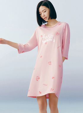 [冰立方]三枪夏季冰泉棉睡裙女中袖凉感甜美印花透气家居裙70504