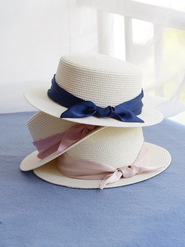 日系蝴蝶结平顶草帽女夏度假沙滩防晒遮阳帽子小清新白色英伦礼帽