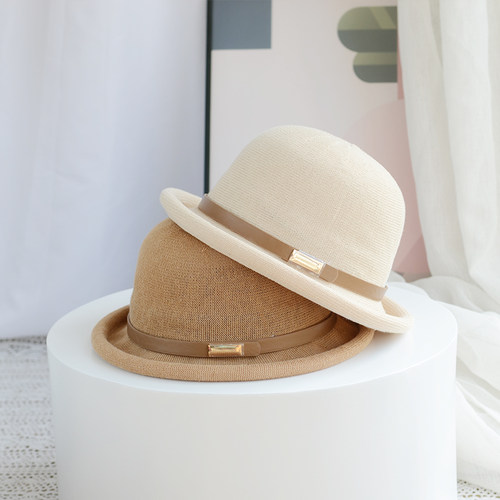 盆帽休闲简约女春秋卷边皮扣礼帽