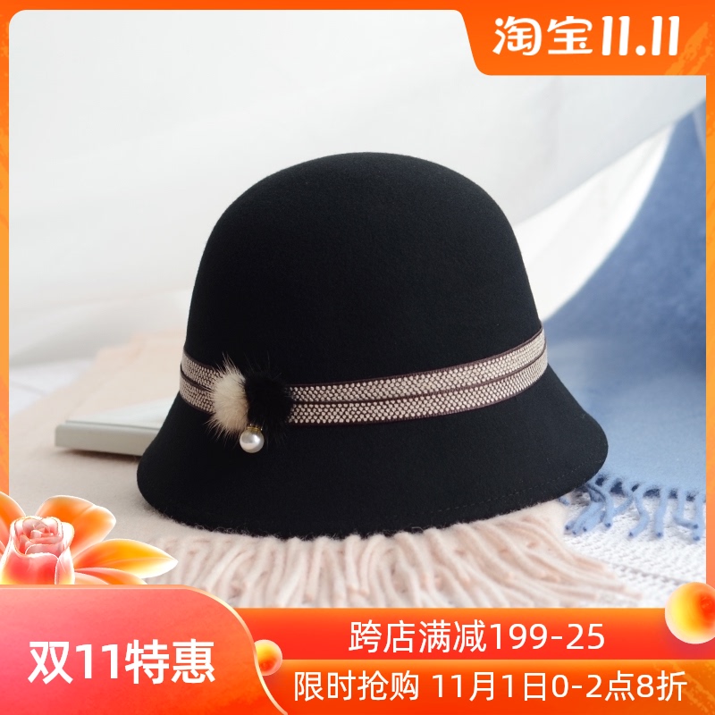 赫本毛呢帽子女冬韩版复古盆帽黑色小檐渔夫帽优雅圆顶小礼帽百搭